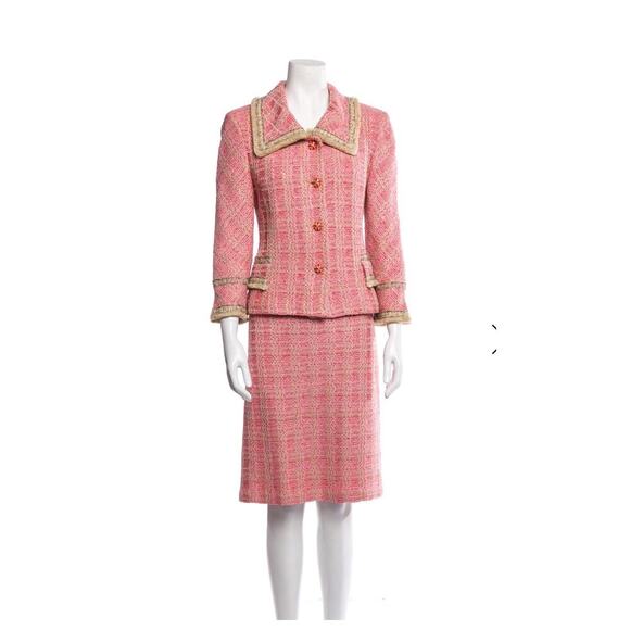 LUXURY ST. JOHN COUTURE PINK TWEED 2-PIECE SKIRT SUIT - SIZE 14 (Made In USA) - Picture 1 of 16